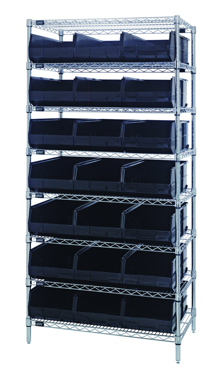 Bin Wire Shelving System, 36"W x 21"D x 74"H, 800 lbs load capacity per shelf, Chrome, Black, Carbon Steel, WR8-485BK