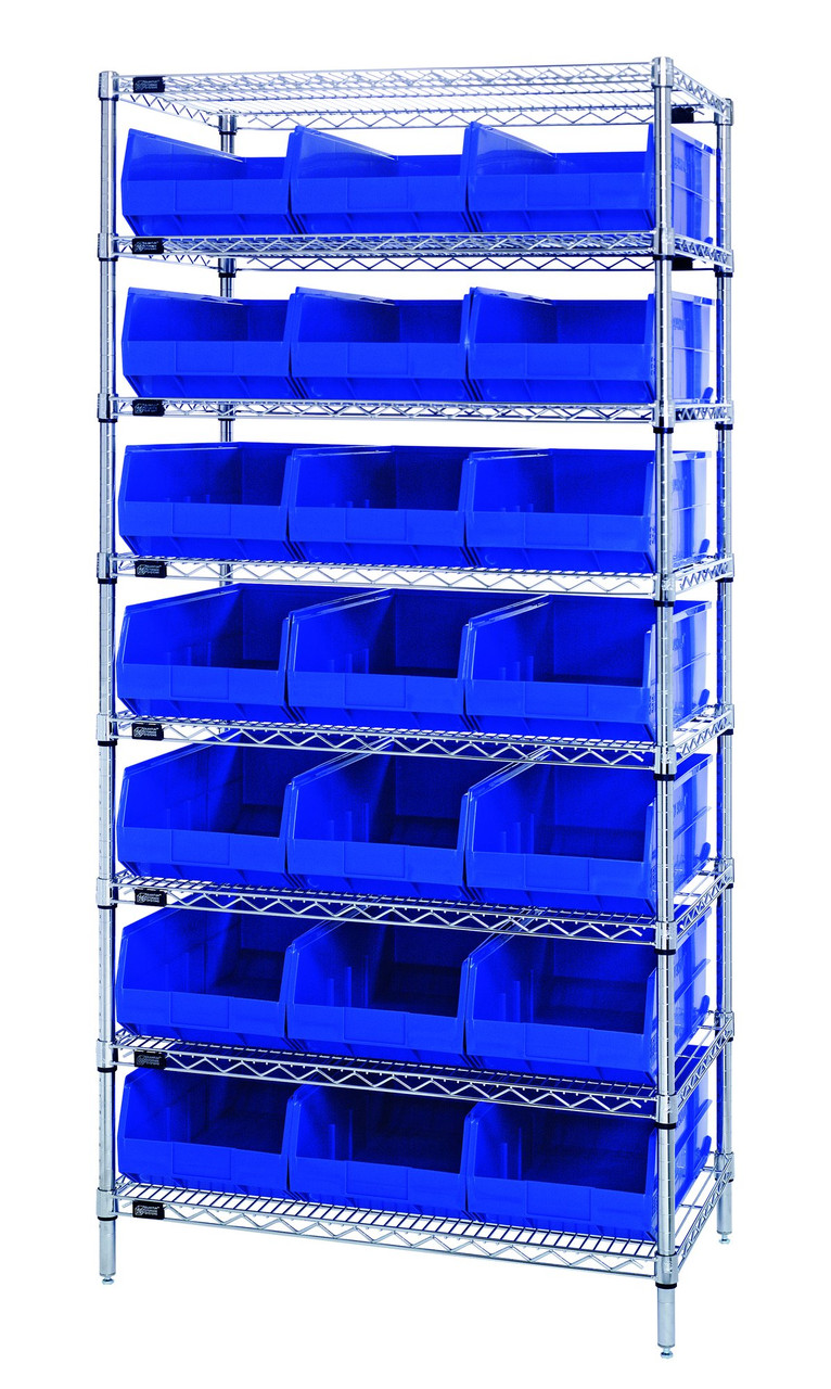 Bin Wire Shelving System, 36"W x 21"D x 74"H, 800 lbs load capacity per shelf, Chrome, Blue, Carbon Steel, WR8-485BL