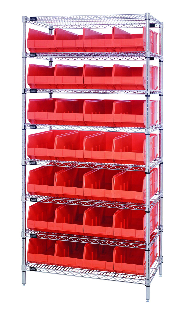 Bin Wire Shelving System, 36"W x 21"D x 74"H, 800 lbs load capacity per shelf, Chrome, Orange, Carbon Steel, WR8-485OR