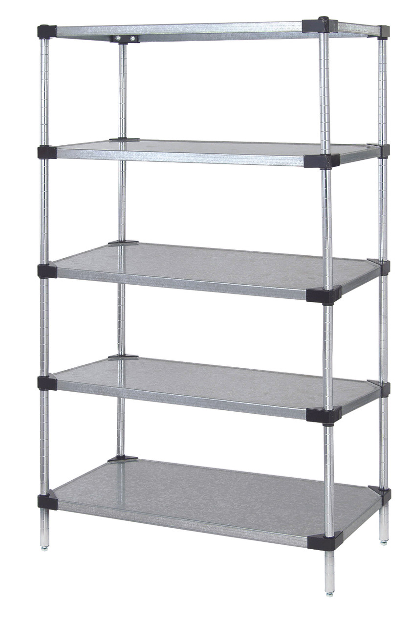 Solid Shelving Starter Kit, 36"W x 14"D x 86"H, includes (5) solid shelves and (4) posts, Galvanized, 0, Carbon Steel, WR86-1436SG-5