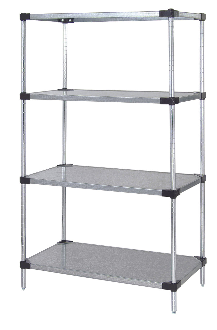 Solid Shelving Starter Kit, 24"W x 18"D x 86"H, includes (4) solid shelves and (4) posts, Galvanized, 0, Carbon Steel, WR86-1824SG