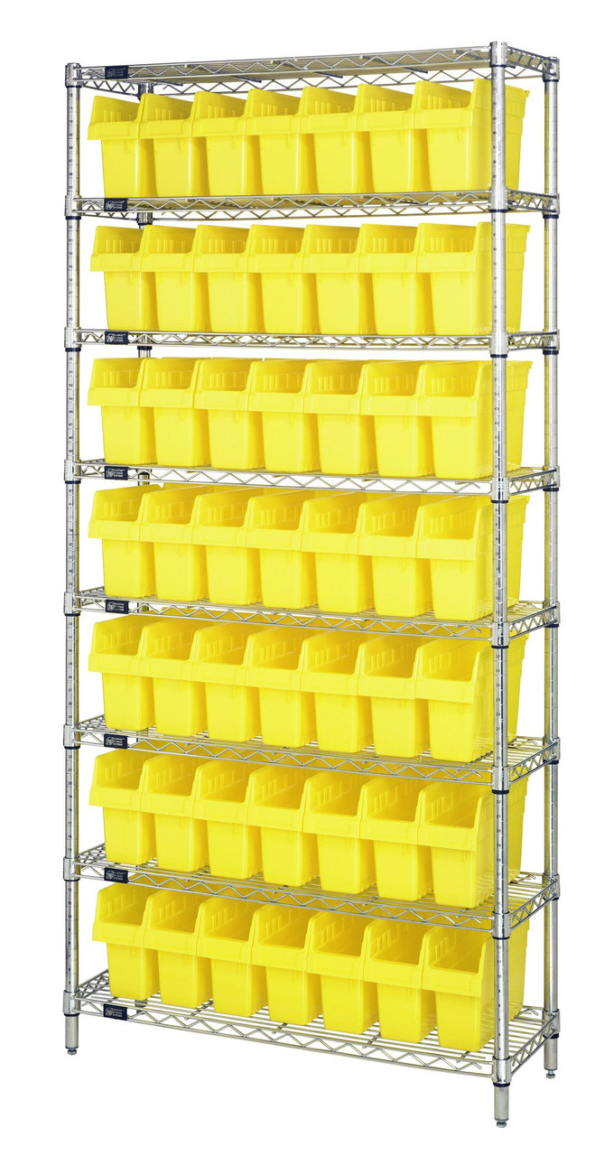Bin Wire Shelving System, 36"W x 12"D x 74"H overall size, 800 lb. capacity per shelf, Chrome, Yellow, Carbon Steel, WR8-801YL