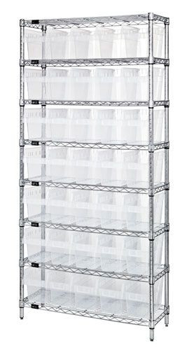 Bin Wire Shelving System, 36"W x 12"D x 74"H overall size, 800 lb. capacity per shelf, Chrome, Clear, Carbon Steel, WR8-802CL