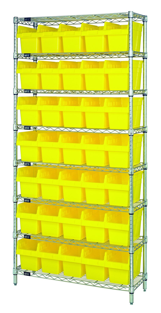 Bin Wire Shelving System, 36"W x 18"D x 74"H overall size, 800 lb. capacity per shelf, Chrome, Yellow, Carbon Steel, WR8-804YL