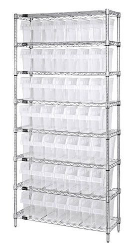 Bin Wire Shelving System, 36"W x 24"D x 74"H overall size, 800 lb. capacity per shelf, Chrome, Clear, Carbon Steel, WR8-805CL