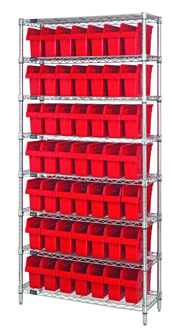 Bin Wire Shelving System, 36"W x 24"D x 74"H overall size, 800 lb. capacity per shelf, Chrome, Red, Carbon Steel, WR8-805RD