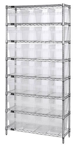 Bin Wire Shelving System, 36"W x 12"D x 74"H overall size, 800 lb. capacity per shelf, Chrome, Clear, Carbon Steel, WR8-807CL