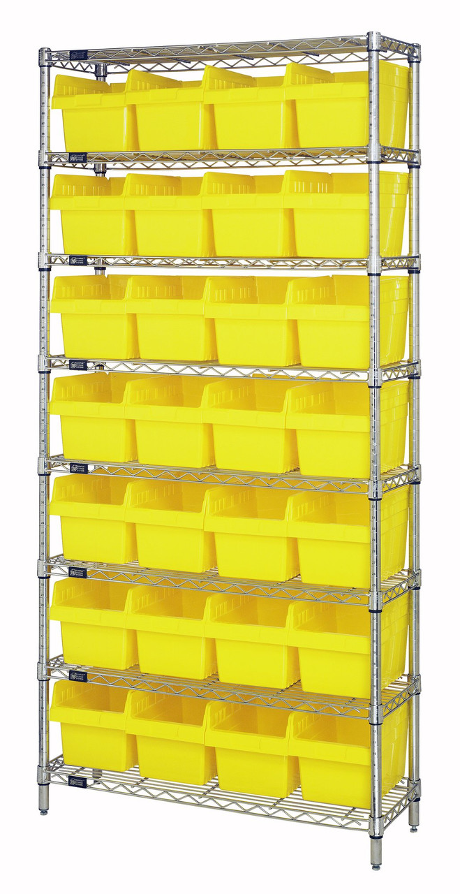 Bin Wire Shelving System, 36"W x 12"D x 74"H overall size, 800 lb. capacity per shelf, Chrome, Yellow, Carbon Steel, WR8-807YL