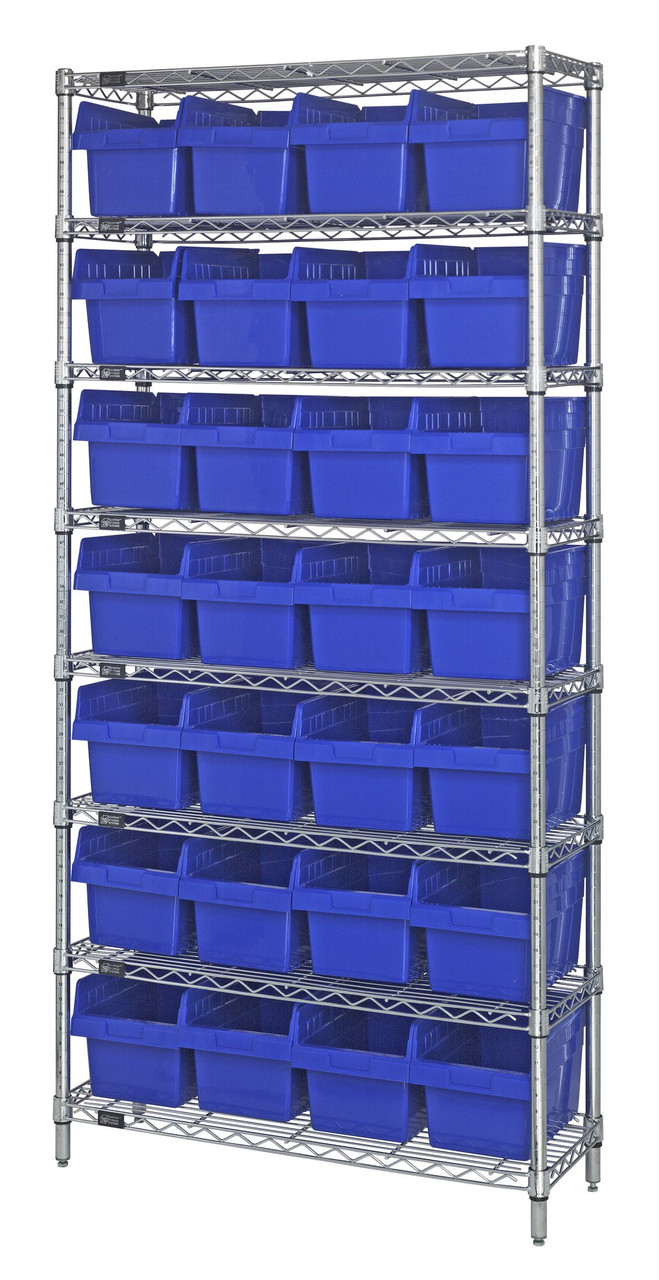 Bin Wire Shelving System, 36"W x 18"D x 74"H overall size, 800 lb. capacity per shelf, Chrome, Blue, Carbon Steel, WR8-808BL