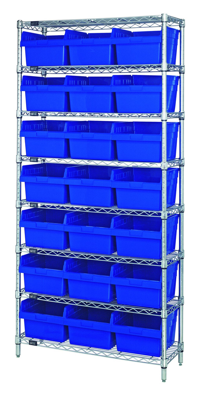 Bin Wire Shelving System, 36"W x 12"D x 74"H overall size, 800 lb. capacity per shelf, Chrome, Blue, Carbon Steel, WR8-809BL