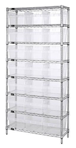 Bin Wire Shelving System, 36"W x 24"D x 74"H overall size, 800 lb. capacity per shelf, Chrome, Clear, Carbon Steel, WR8-816CL