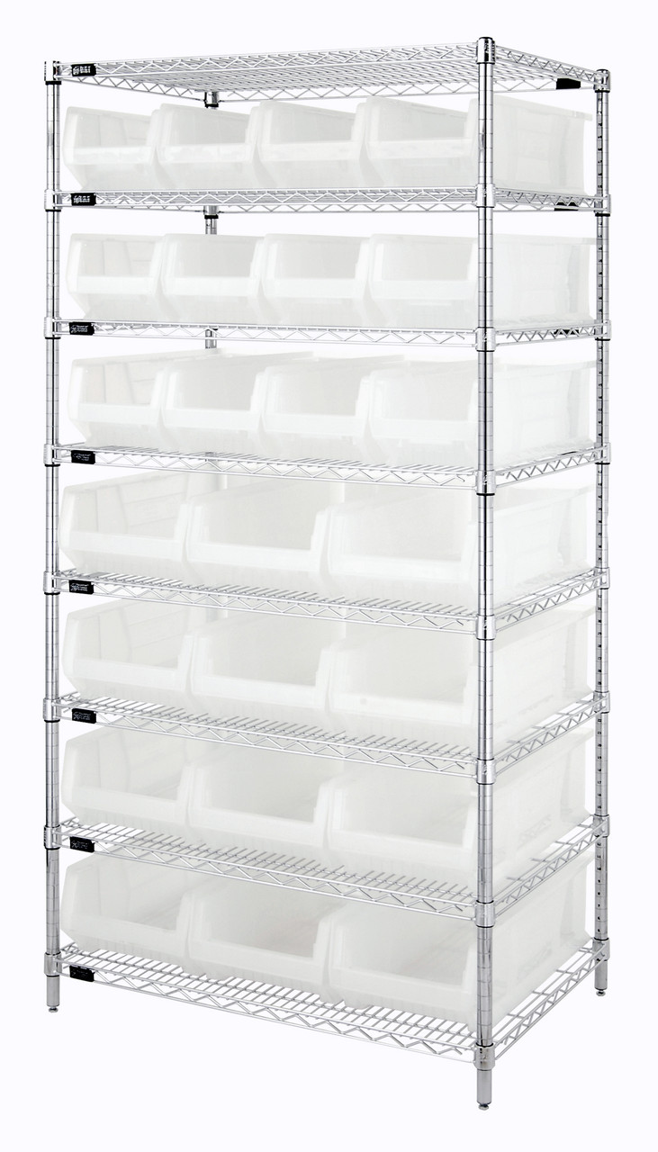 Bin Wire Shelving System, 36"W x 24"D x 74"H overall size, 800 lb. capacity per shelf, Chrome, Clear, Carbon Steel, WR8-950952CL