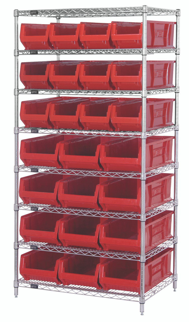 Bin Wire Shelving System, 36"W x 24"D x 74"H overall size, 800 lb. capacity per shelf, Chrome, Red, Carbon Steel, WR8-950952RD