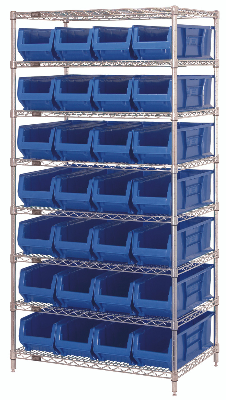 Bin Systems Unit, stationary, includes: 36"W x 24"D x 74"H overall size, Chrome, Blue, Carbon Steel, WR8-950BL