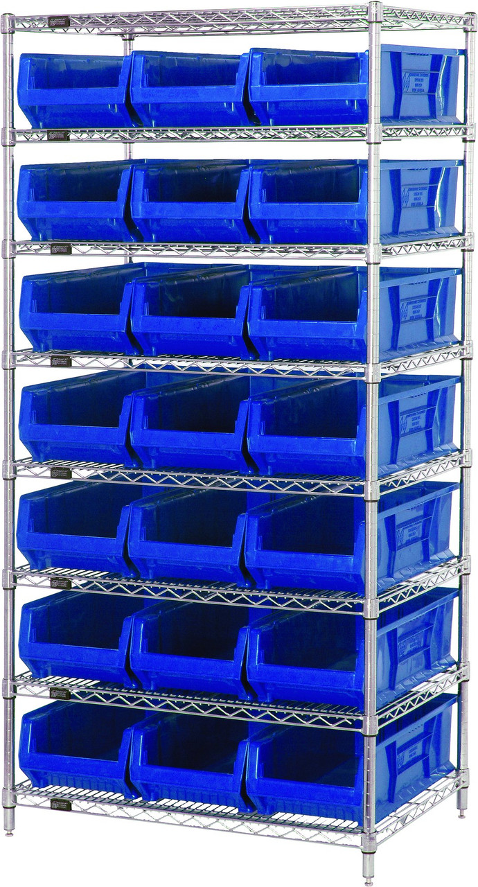 Bin Systems Unit, stationary, includes: 36"W x 24"D x 74"H overall size, Chrome, Blue, Carbon Steel, WR8-952BL