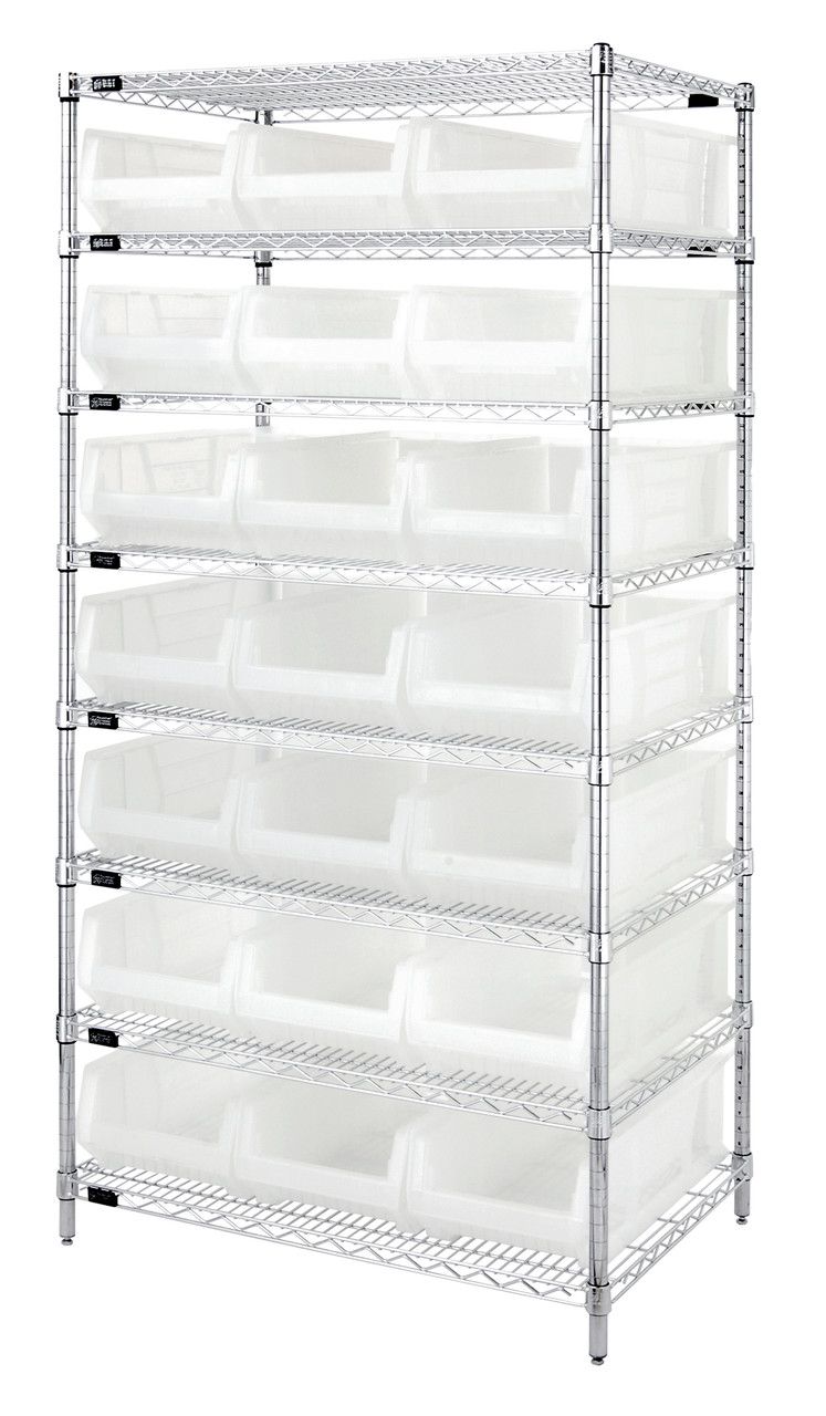 Bin Systems Unit, stationary, includes: 36"W x 24"D x 74"H overall size, Chrome, Clear, Carbon Steel, WR8-952CL
