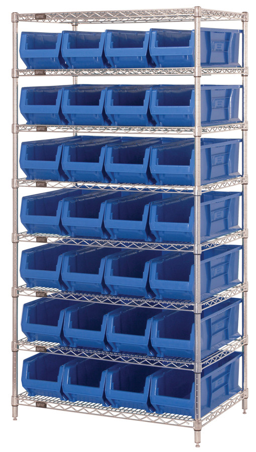 Bin Wire Shelving System, 36"W x 30"D x 74"H overall size, 800 lb. capacity per shelf, Chrome, Blue, Carbon Steel, WR8-970BL