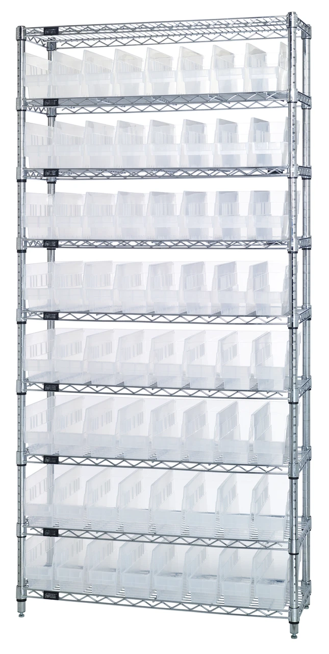 Bin Wire Shelving System, 36"W x 12"D x 74"H overall size, 800 lb. capacity per shelf, Chrome, Clear, Carbon Steel, WR9-201CL