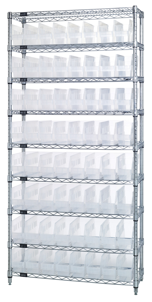 Bin Wire Shelving System, 36"W x 12"D x 74"H overall size, 800 lb. capacity per shelf, Chrome, Clear, Carbon Steel, WR9-201CL
