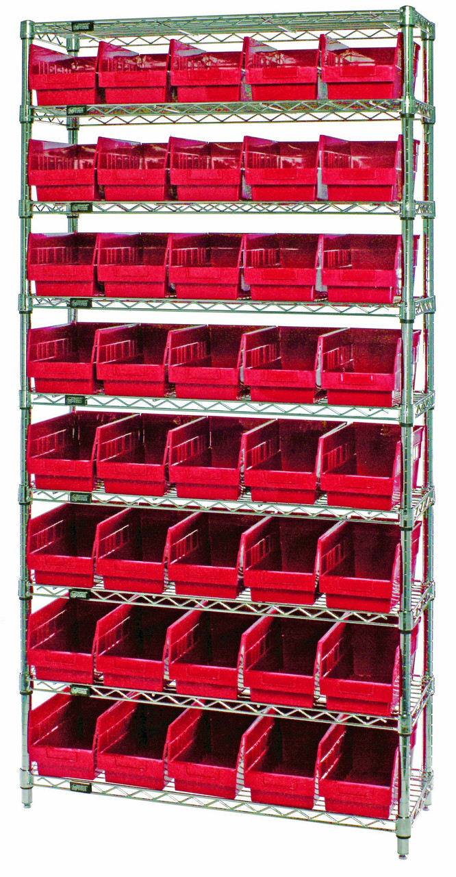 Bin Wire Shelving System, 36"W x 18"D x 74"H overall size, 800 lb. capacity per shelf, Chrome, Red, Carbon Steel, WR9-204RD