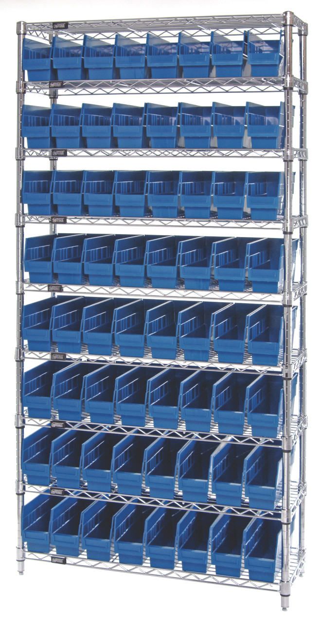 Bin Wire Shelving System, 36"W x 24"D x 74"H overall size, 800 lb. capacity per shelf, Chrome, Blue, Carbon Steel, WR9-205BL