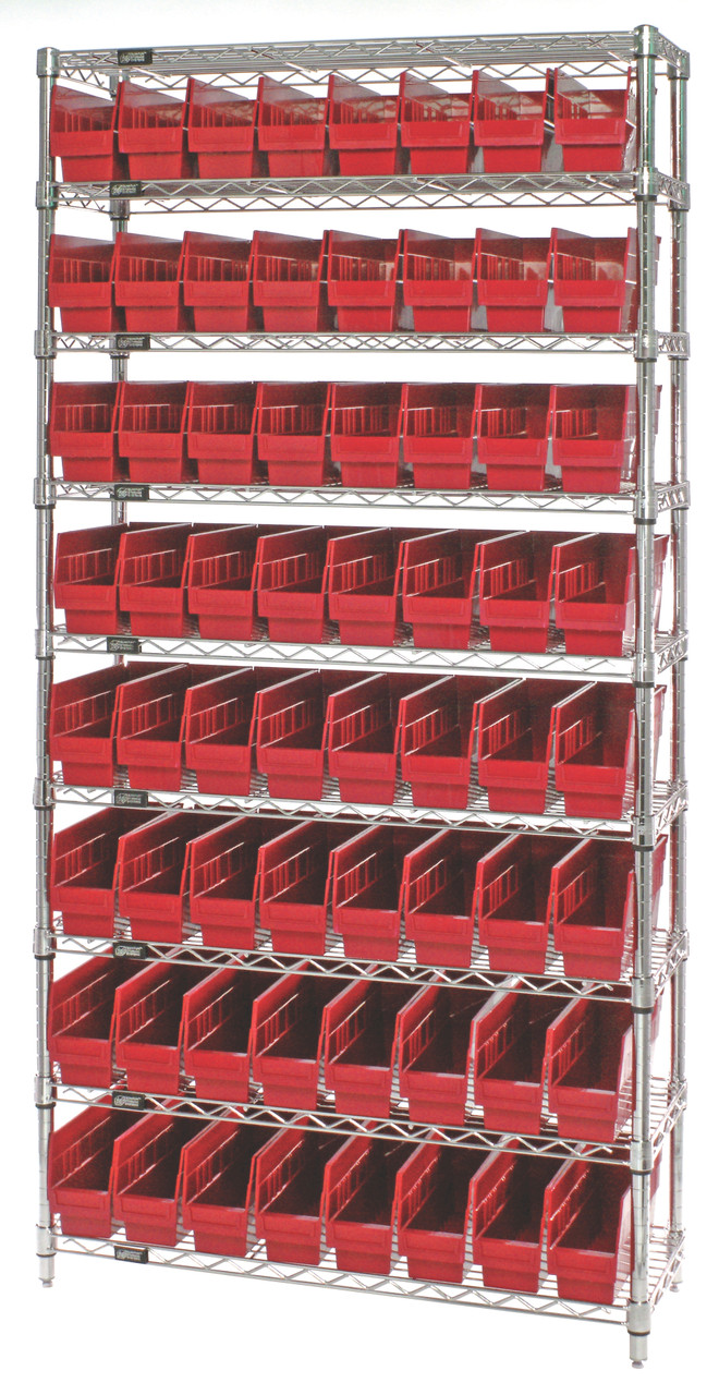 Bin Wire Shelving System, 36"W x 24"D x 74"H overall size, 800 lb. capacity per shelf, Chrome, Red, Carbon Steel, WR9-205RD