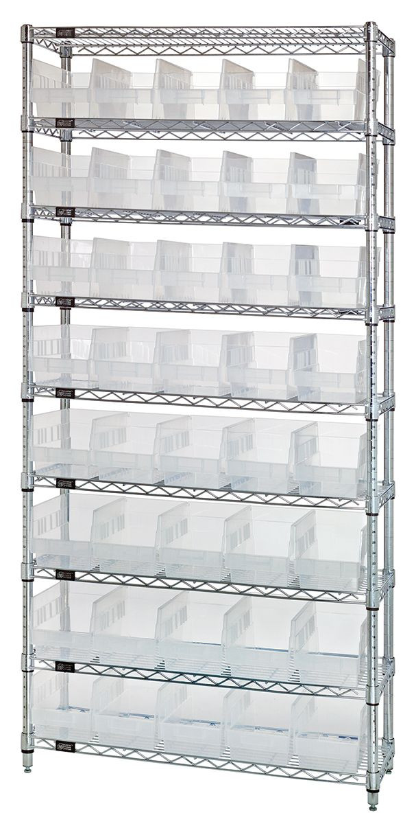 Bin Wire Shelving System, 36"W x 24"D x 74"H overall size, 800 lb. capacity per shelf, Chrome, Clear, Carbon Steel, WR9-206CL