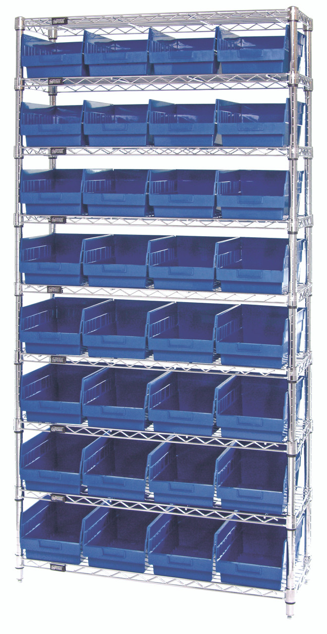 Bin Wire Shelving System, 36"W x 12"D x 74"H overall size, 800 lb. capacity per shelf, Chrome, Blue, Carbon Steel, WR9-207BL