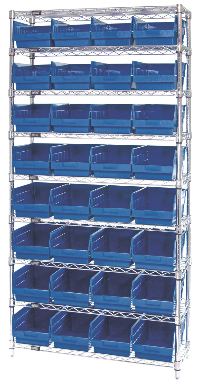 Bin Wire Shelving System, 36"W x 18"D x 74"H overall size, 800 lb. capacity per shelf, Chrome, Blue, Carbon Steel, WR9-208BL