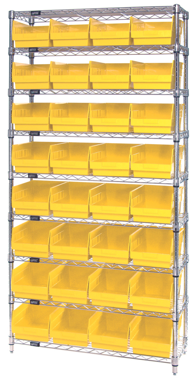 Bin Wire Shelving System, 36"W x 18"D x 74"H overall size, 800 lb. capacity per shelf, Chrome, Yellow, Carbon Steel, WR9-208YL