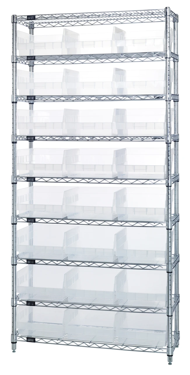 Bin Wire Shelving System, 36"W x 12"D x 74"H overall size, 800 lb. capacity per shelf, Chrome, Clear, Carbon Steel, WR9-209CL