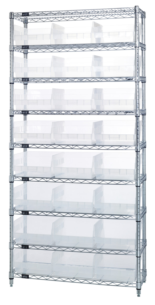 Bin Wire Shelving System, 36"W x 12"D x 74"H overall size, 800 lb. capacity per shelf, Chrome, Clear, Carbon Steel, WR9-209CL