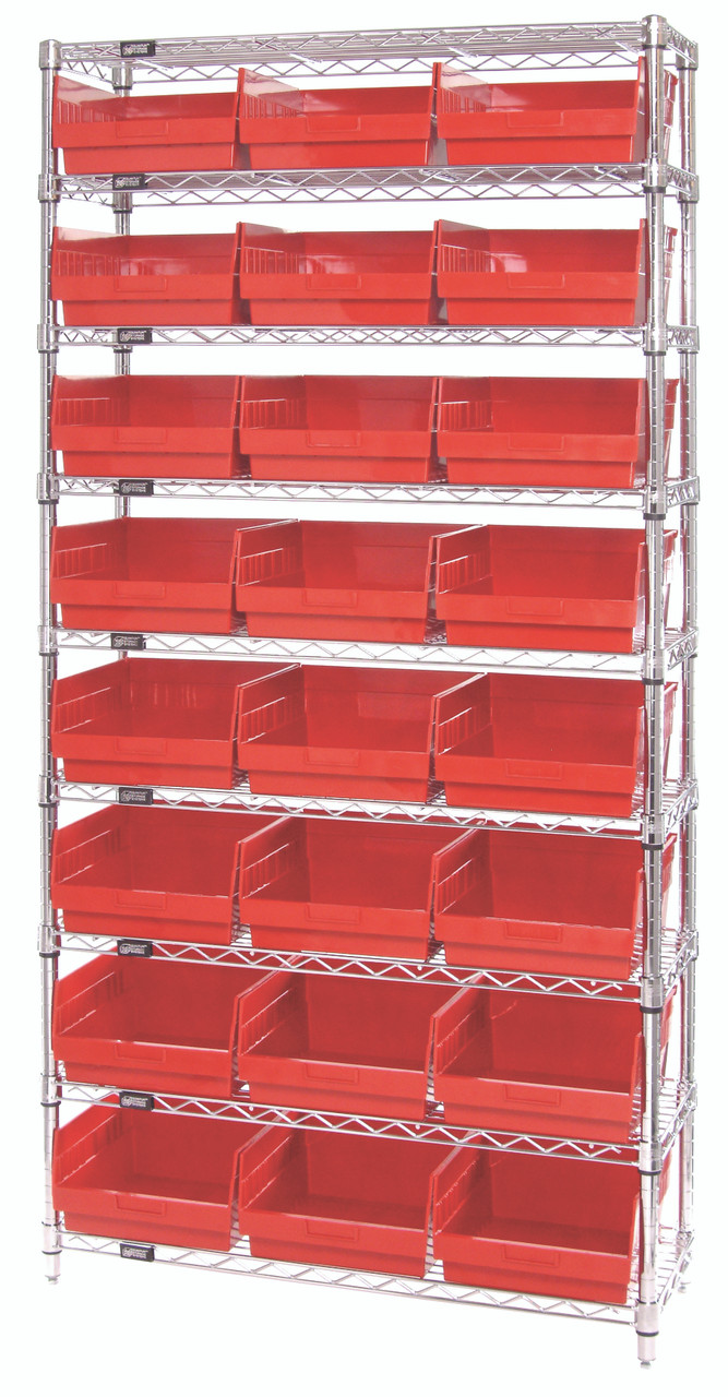 Bin Wire Shelving System, 36"W x 12"D x 74"H overall size, 800 lb. capacity per shelf, Chrome, Red, Carbon Steel, WR9-209RD