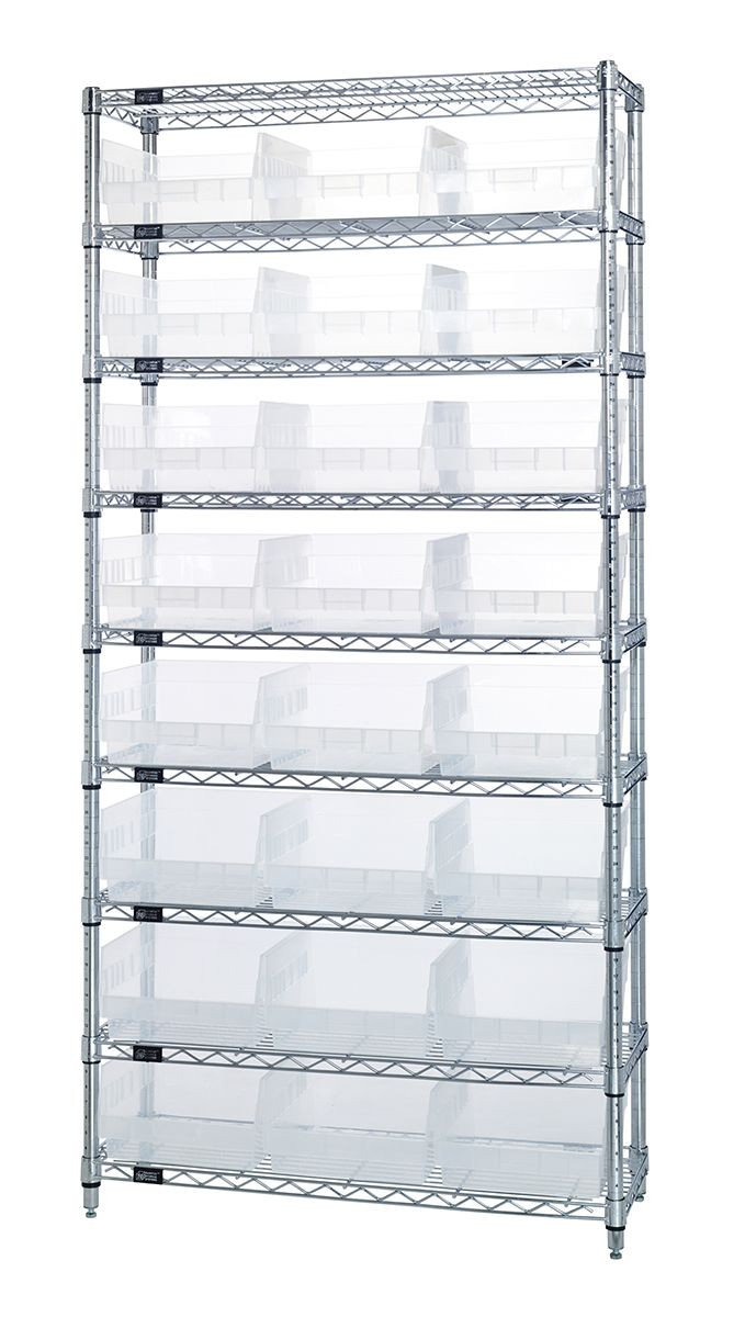 Bin Wire Shelving System, 36"W x 18"D x 74"H overall size, 800 lb. capacity per shelf, Chrome, Clear, Carbon Steel, WR9-210CL