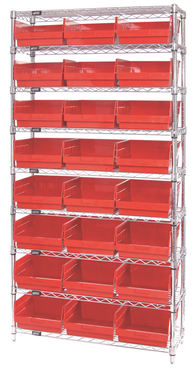 Bin Wire Shelving System, 36"W x 18"D x 74"H overall size, 800 lb. capacity per shelf, Chrome, Red, Carbon Steel, WR9-210RD