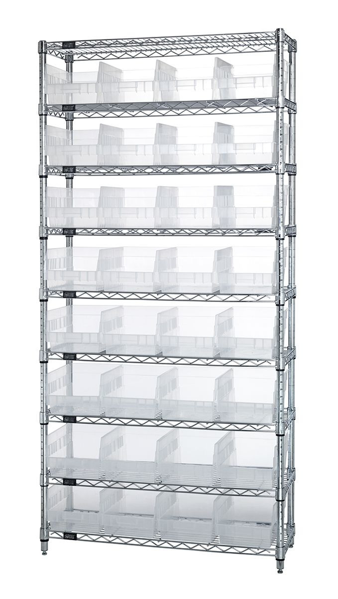 Bin Wire Shelving System, 36"W x 24"D x 74"H overall size, 800 lb. capacity per shelf, Chrome, Clear, Carbon Steel, WR9-214CL