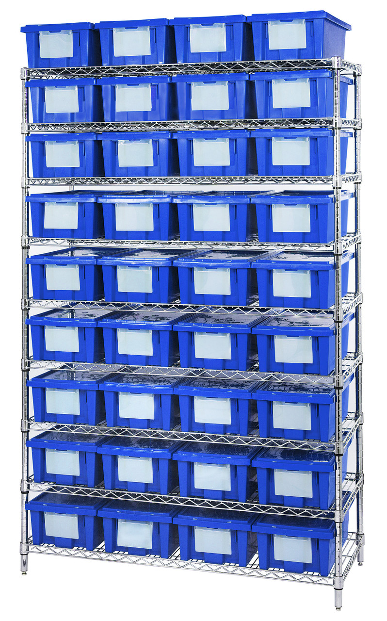 Bin Wire Shelving System, 48"W x 18"D x 74"H overall size, 800 lb. capacity per shelf, Chrome, Blue, Carbon Steel, WR9-36180BL