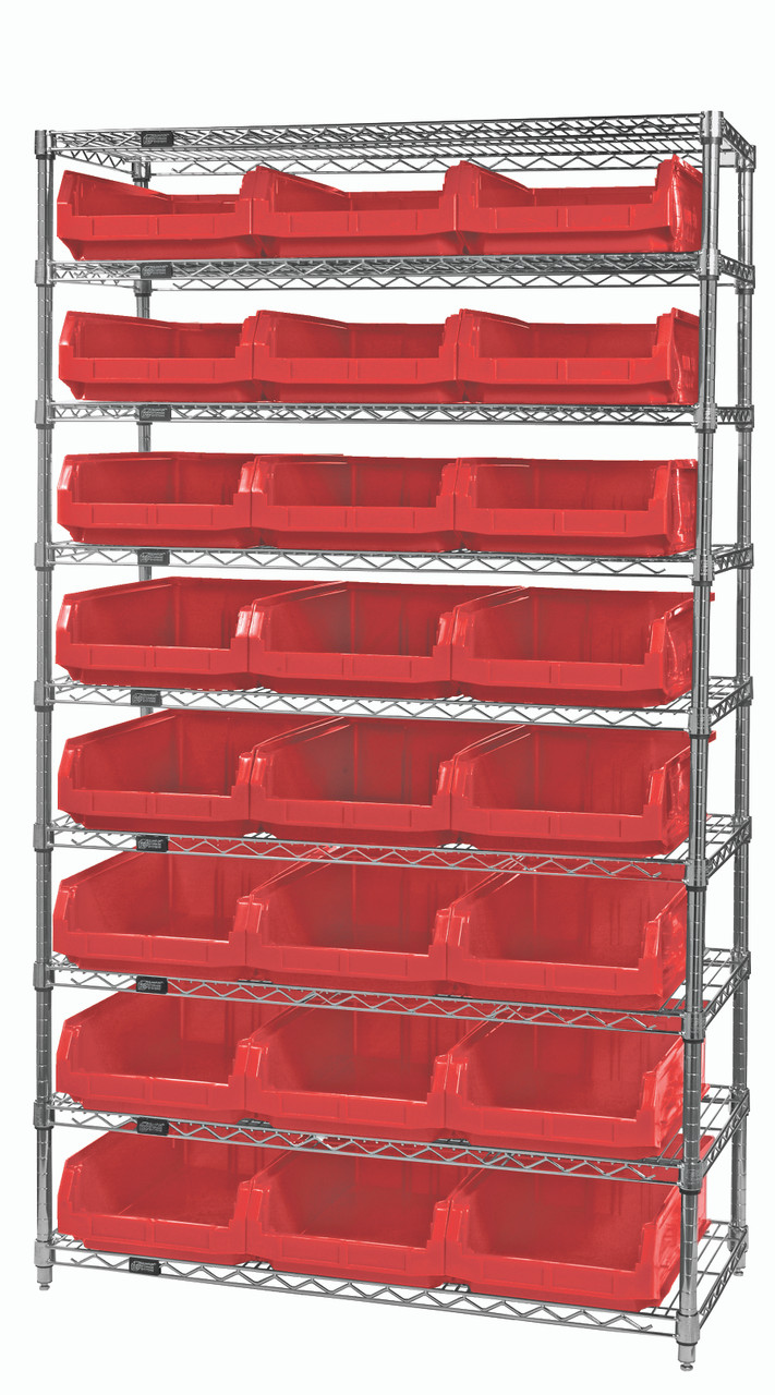 Bin Wire Shelving System, 42"W x 18"D x 74"H overall size, 800 lb. capacity per shelf, Chrome, Red, Carbon Steel, WR9-531RD