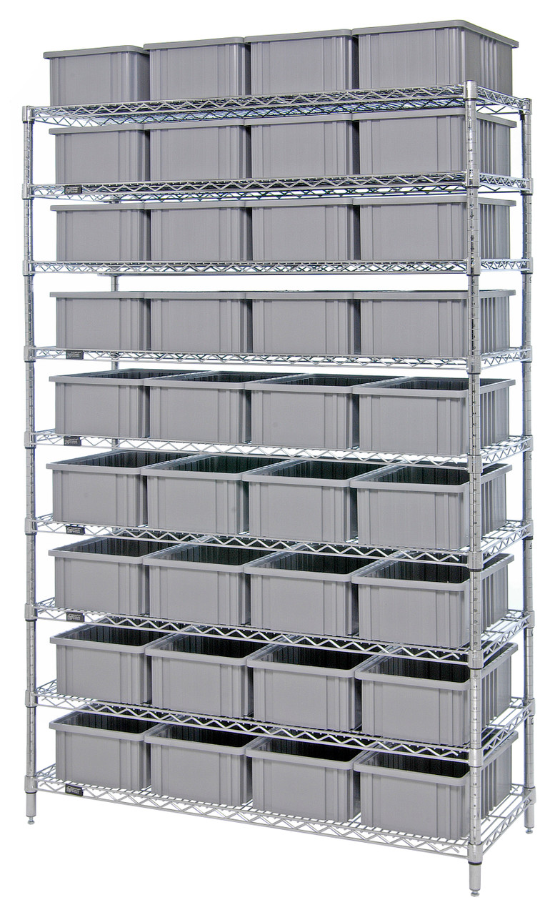 Bin Wire Shelving System, 48"W x 18"D x 74"H overall size, 800 lb. capacity per shelf, Chrome, Gray, Carbon Steel, WR9-92060GY