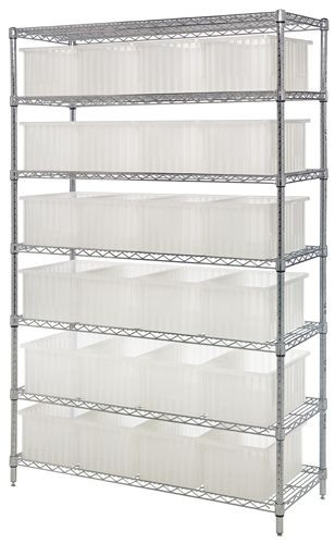 Bin Wire Shelving System, 60"W x 24"D x 74"H overall size, 600 lb. capacity per shelf, Chrome, Clear, Carbon Steel, WR9-93060CL