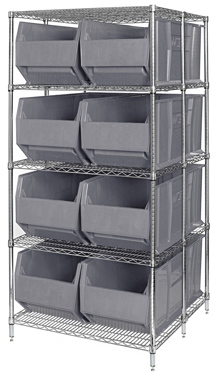 RackBin 42" Container Wire Shelving System, 42"D x 36"W x 86"H, includes: 5-tier of shelving and (8) QRB166 gray containers, Chrome, Gray, Carbon Steel, WRA86-2136C-166GY