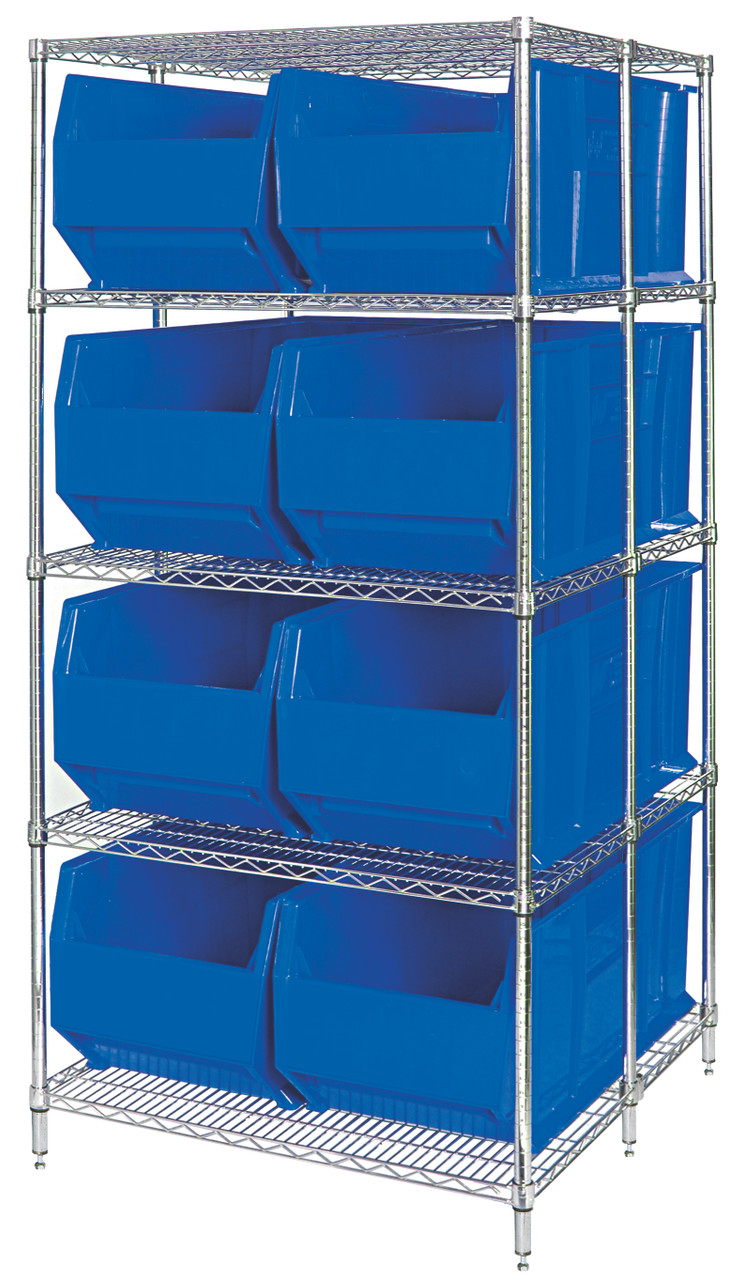 RackBin 42" Container Wire Shelving System, 42"D x 42"W x 86"H, includes: 5-tier of shelving and (8) QRB206 blue containers, Chrome, Blue, Carbon Steel, WRA86-2142C-206BL