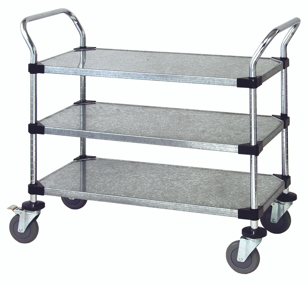 Utility Cart, 36"W x 24"D x 37-1/2"H, (3) galvanized solid shelves, Chrome, 0, Carbon Steel, WRC-2436-3G