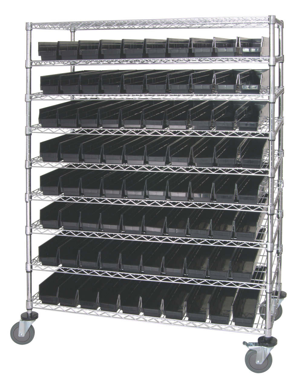 Catheter Bin Wire Cart, 48"W x 24"D x 69"H, 1200 lbs load capacity, Chrome, Black, Carbon Steel, WRC9-63-2448-105BK