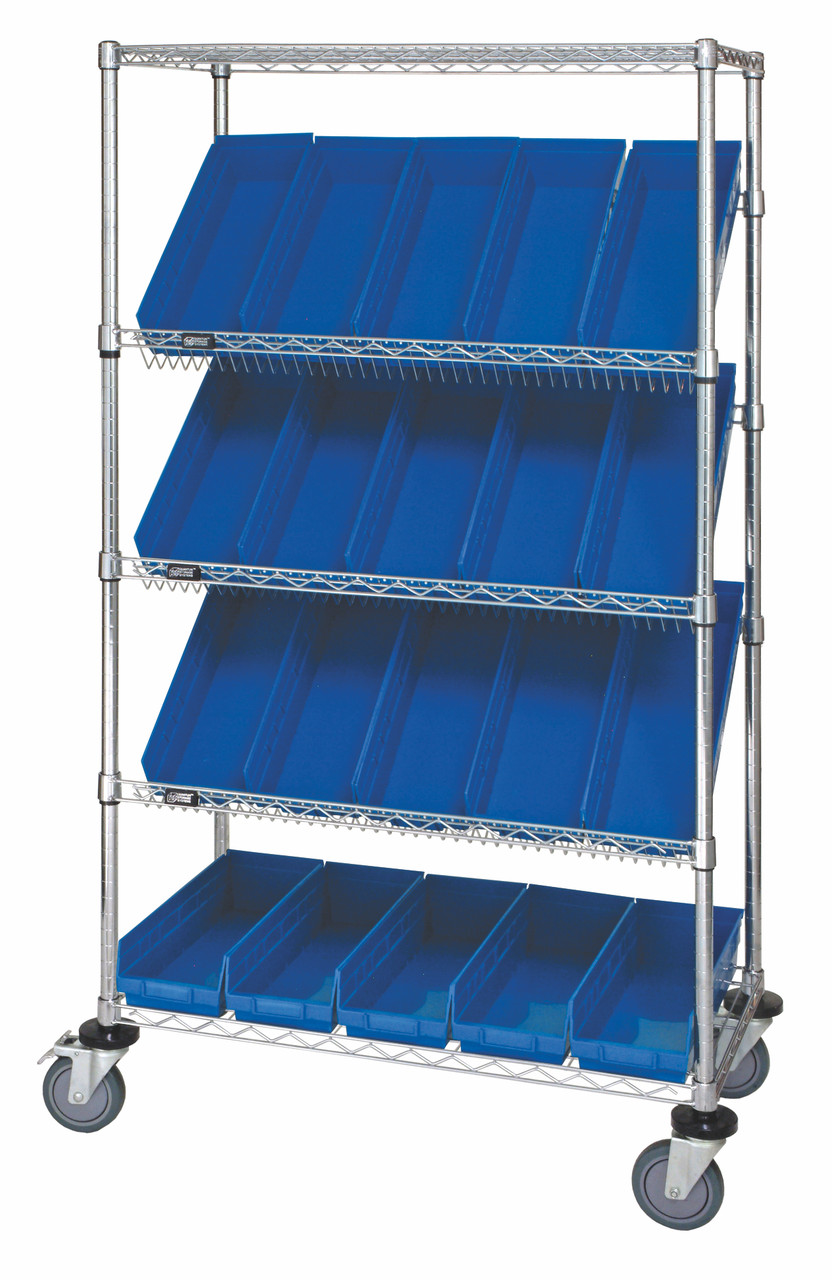Slanted Shelf Cart, 36"W x 18"D x 69"H, 1200 lbs load capacity, Chrome, Blue, Carbon Steel, WRCSL5-63-1836-104BL