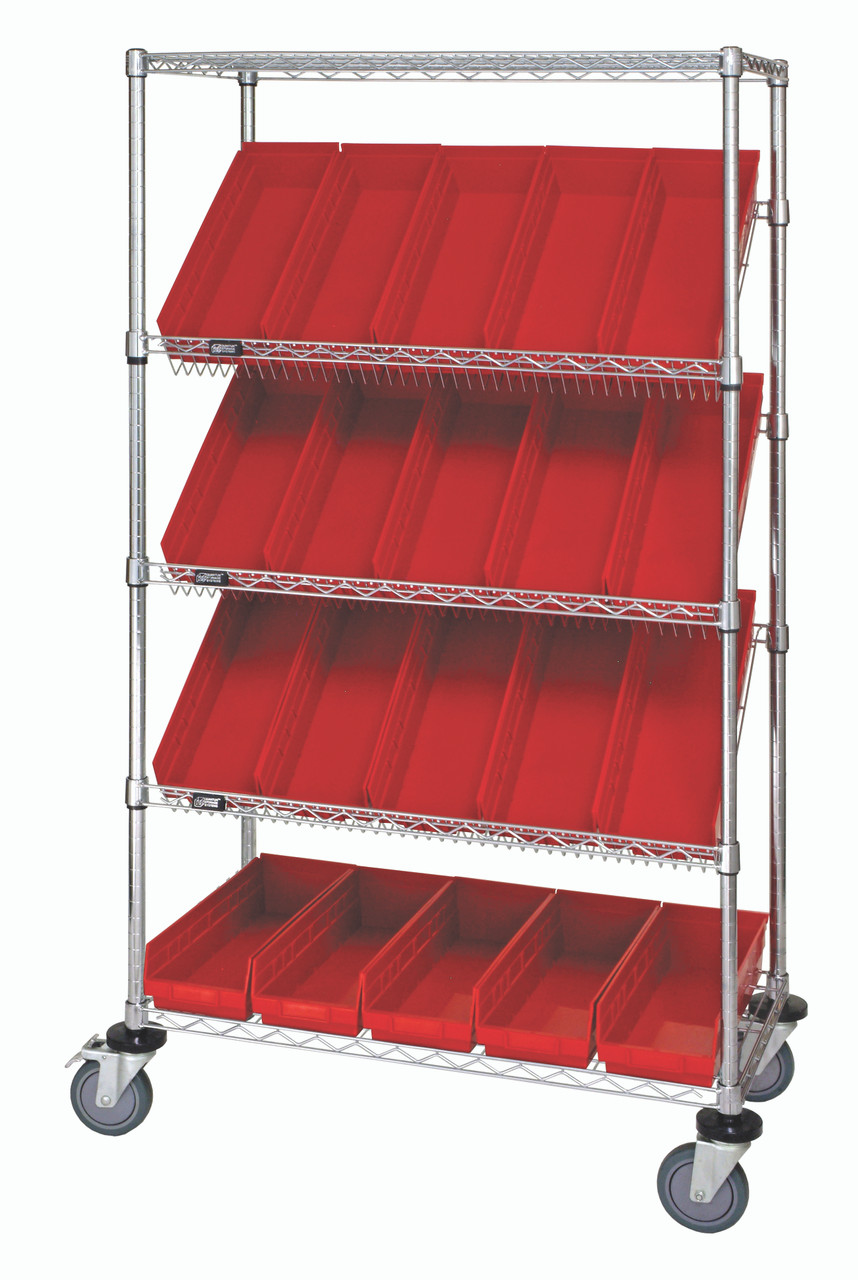 Slanted Shelf Cart, 36"W x 18"D x 69"H, 1200 lbs load capacity, Chrome, Red, Carbon Steel, WRCSL5-63-1836-104RD