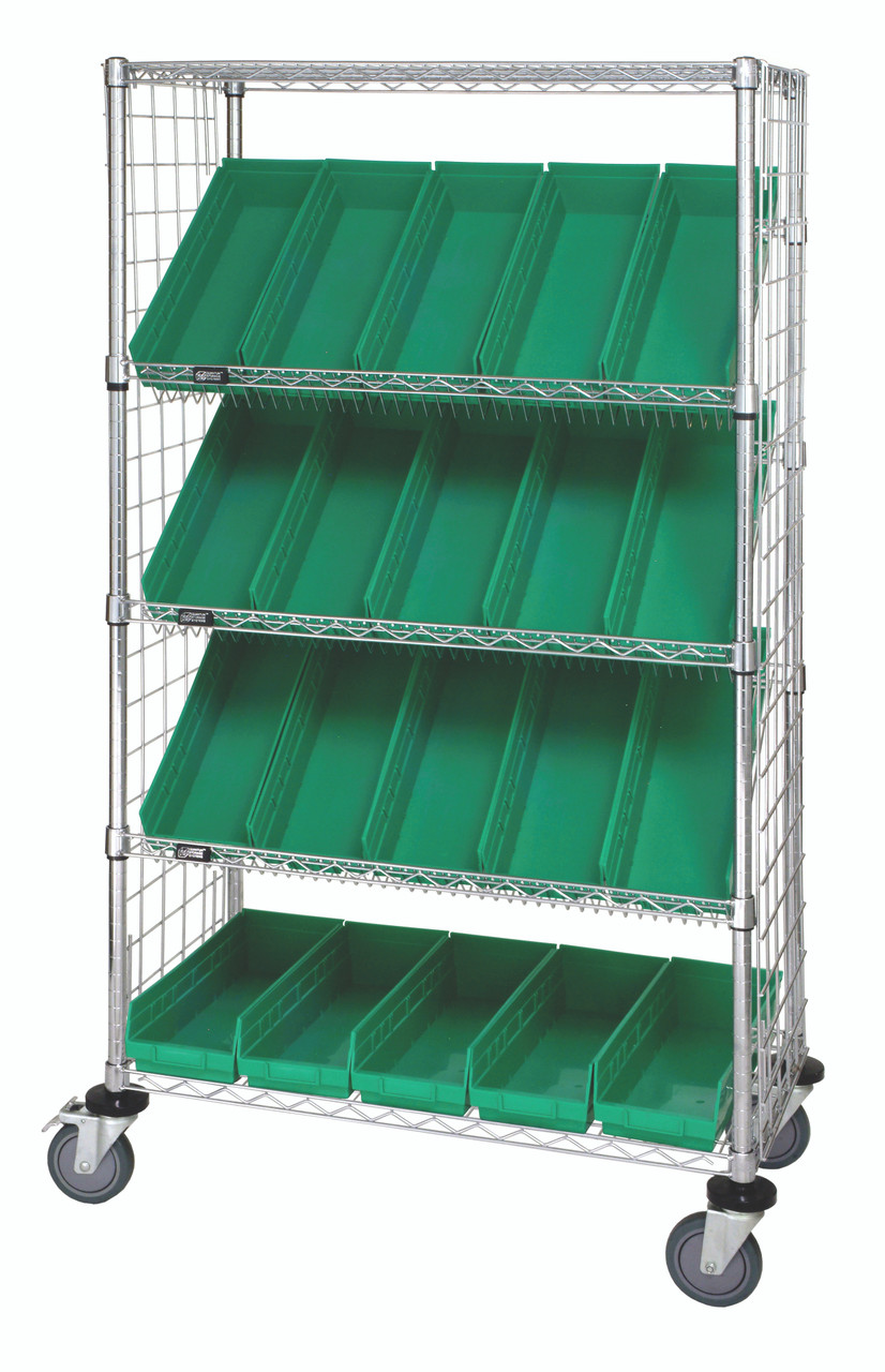 Slanted Shelf Enclosure Cart, 36"W x 24"D x 69"H, 1200 lbs load capacity, Chrome, Green, Carbon Steel, WRCSL5-63-2436EP-106GN