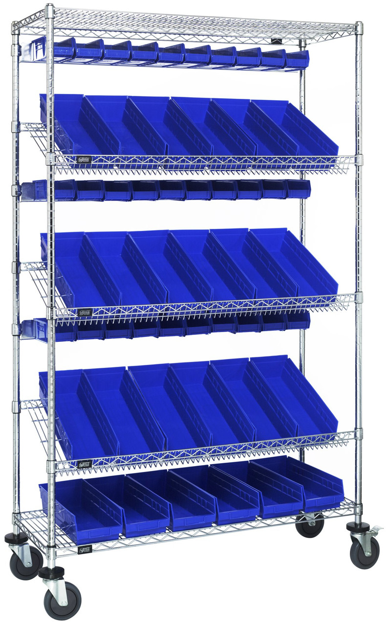 Slanted Shelf Cart, 36"W x 18"D x 80"H, 1200 lbs. load capacity, Chrome, Blue, Carbon Steel, WRCSL5-74-1836-104220BL