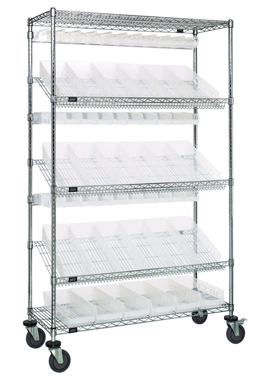 Slanted Shelf Cart, 36"W x 18"D x 80"H, 1200 lbs. load capacity, Chrome, Clear, Carbon Steel, WRCSL5-74-1836-104220CL