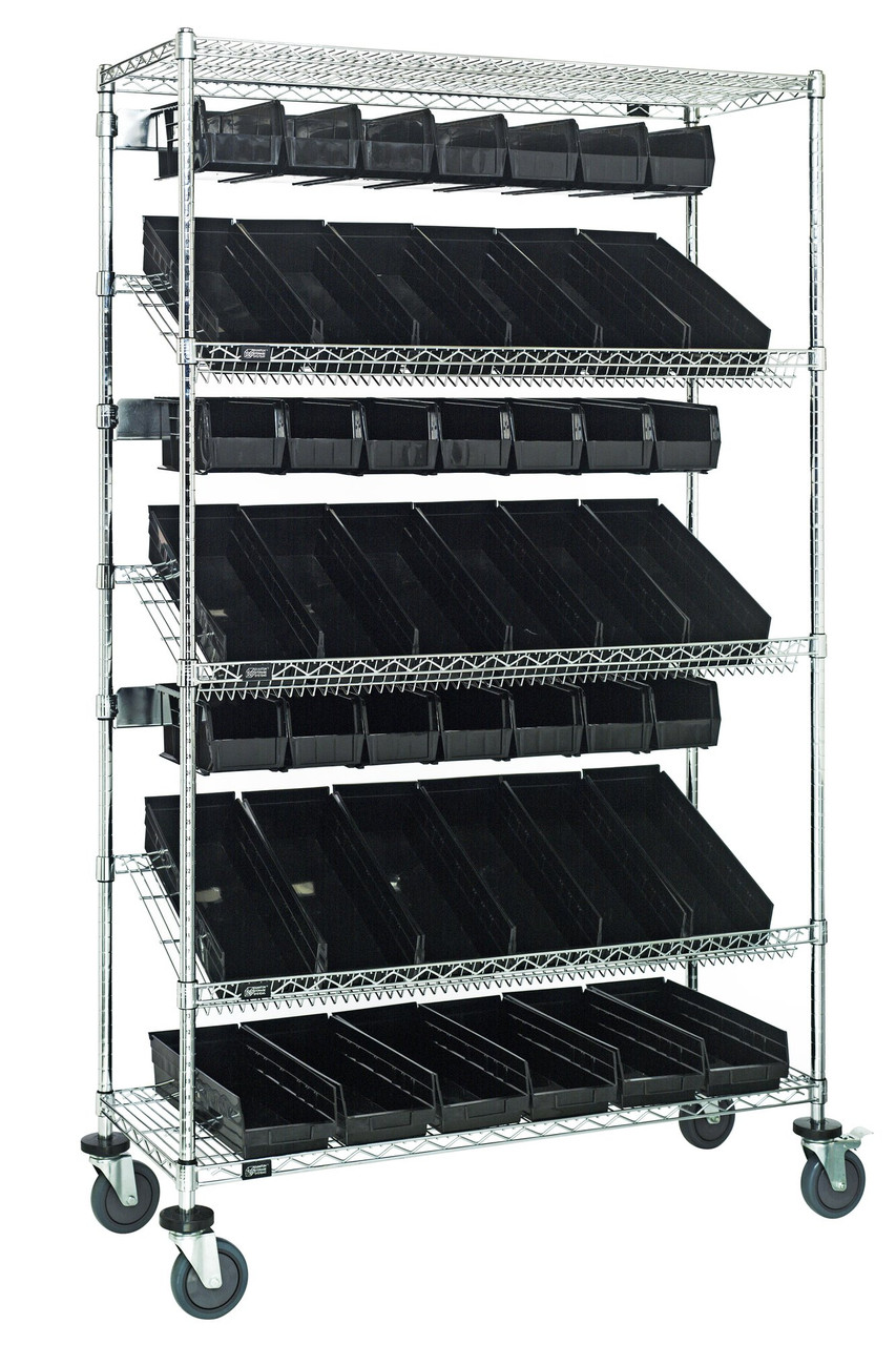Slanted Shelf Cart, 36"W x 18"D x 80"H, 1200 lbs. load capacity, Chrome, Black, Carbon Steel, WRCSL5-74-1836-104230BK